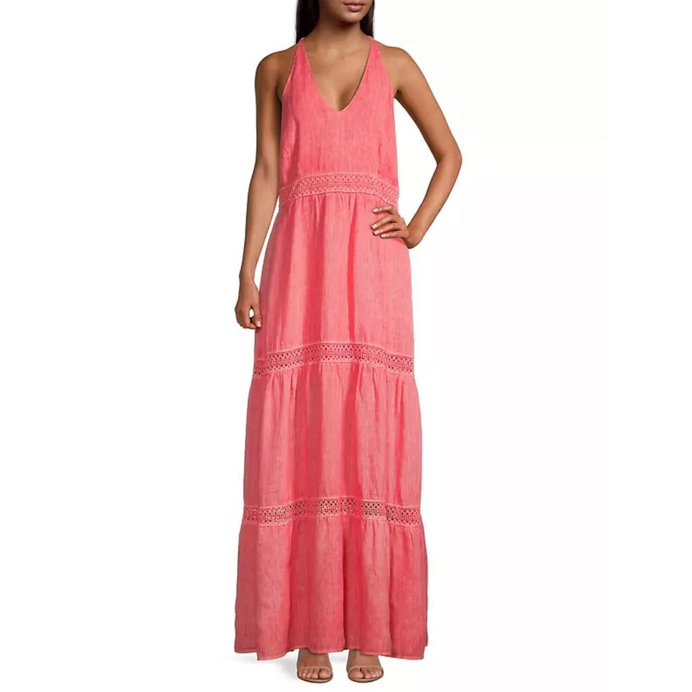 120% Lino Resort Linen Tiered Halter Maxi Dress Crochet Sleeveless, Coral Pink - Picture 14 of 14